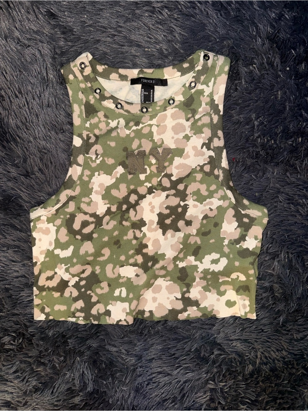 Camo Leopard print NY crop top with metal circles at neckline